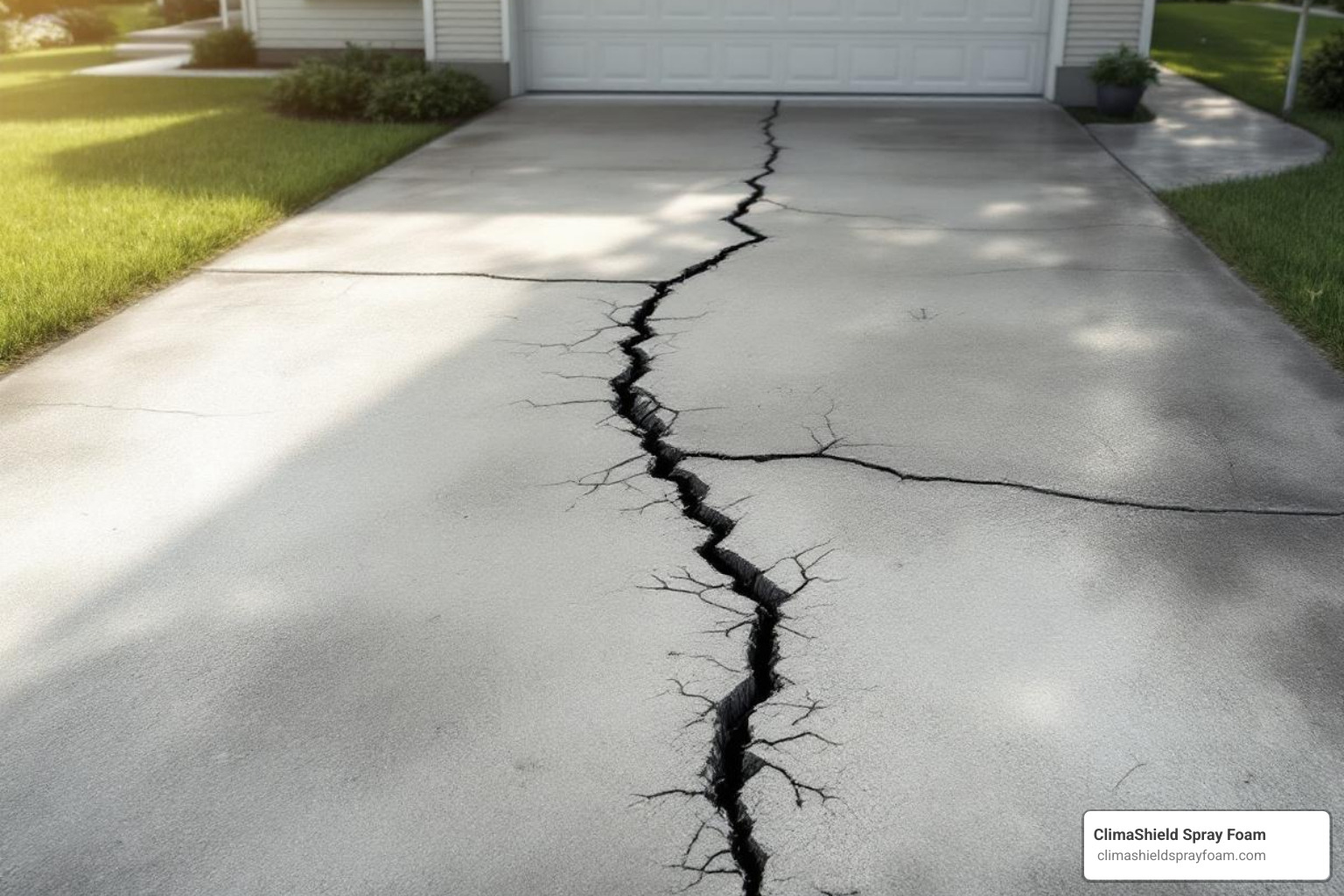 image of a cracked and sinking driveway with arrows pointing to the problem areas - Residential concrete lifting