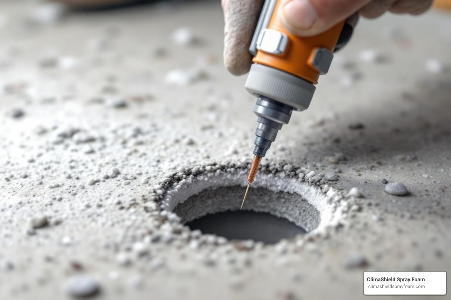 image of a technician injecting polyurethane foam into a small hole in a concrete slab - Residential concrete lifting