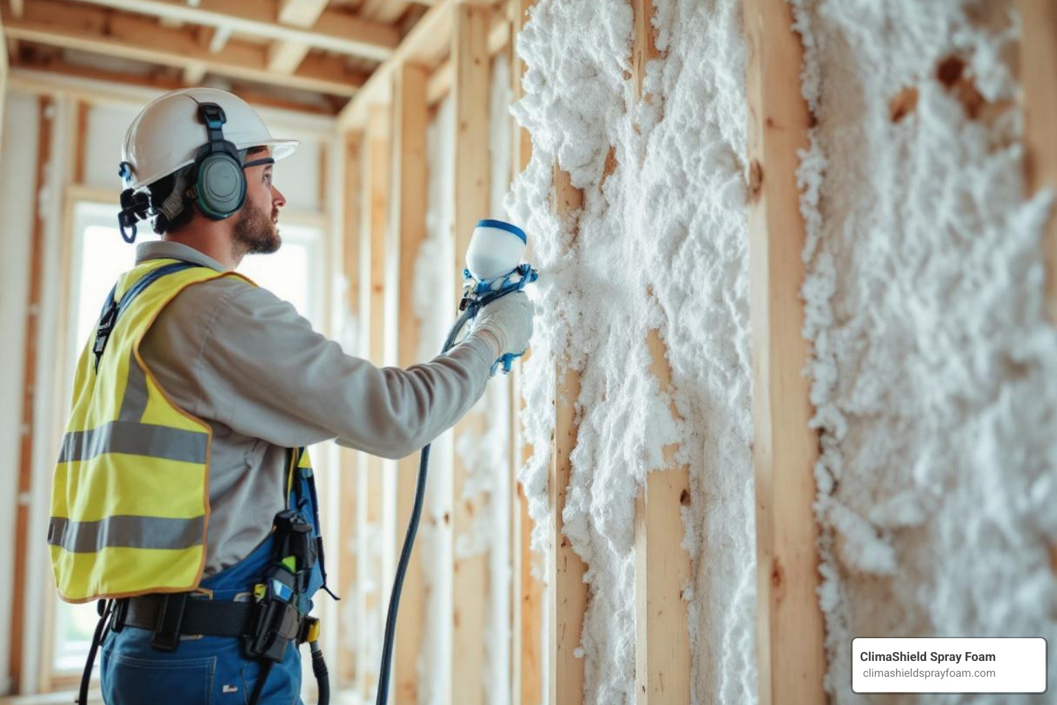 professional applying spray foam insulation to wall studs - foam insulation types