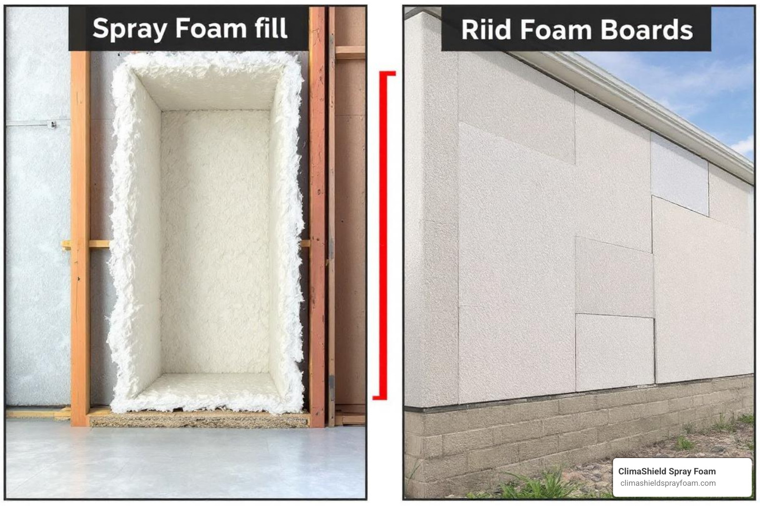 side-by-side comparison showing spray foam in a wall cavity and rigid foam boards on an exterior wall - foam insulation types