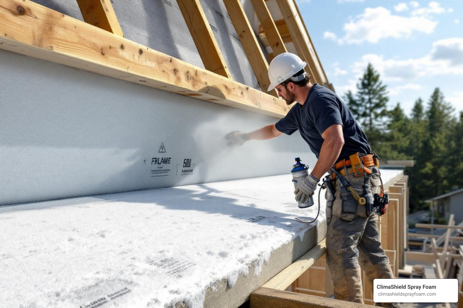 spray foam insulation being applied above roof rafters before the counter-battens are installed - above rafter insulation