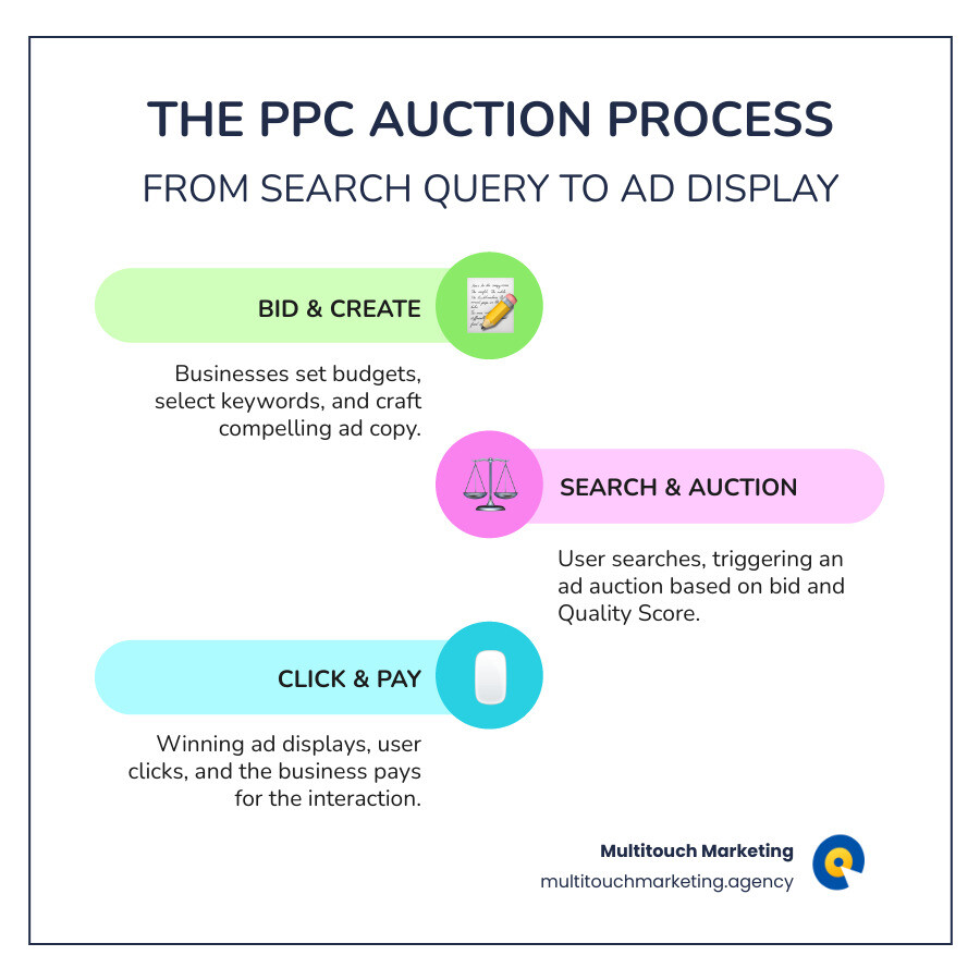 infographic showing the PPC process: Business sets budget and keywords → User searches on Google → Ad auction determines placement based on bid and quality score → User clicks ad → Business pays only for that click → User visits landing page → Potential conversion - ppc advertising for small businesses infographic infographic-line-3-steps-colors infographic showing the PPC process: Business sets budget and keywords → User searches on Google → Ad auction determines placement based on bid and quality score → User clicks ad → Business pays only for that click → User visits landing page → Potential conversion - ppc advertising for small businesses infographic infographic-line-3-steps-colors