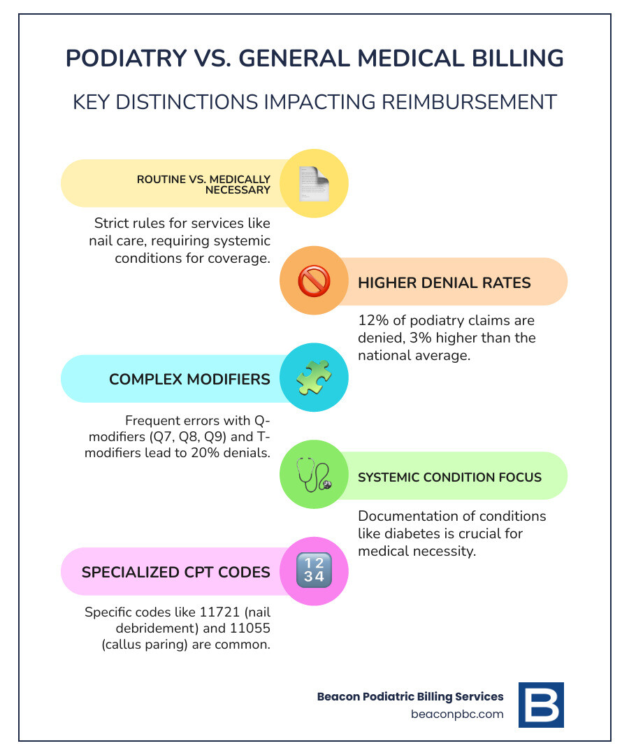 infographic showing key differences between general medical billing and podiatry billing including routine vs medically necessary care distinction, higher denial rates, complex modifier requirements, systemic condition documentation needs, and specialized CPT codes like 11721 and 11055 - Podiatry medical billing infographic infographic-line-5-steps-colors