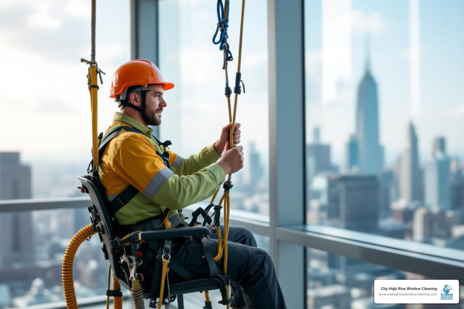 Technician in a bosun's chair inspecting safety harness - new jersey high rise window cleaning Technician in a bosun's chair inspecting safety harness - new jersey high rise window cleaning