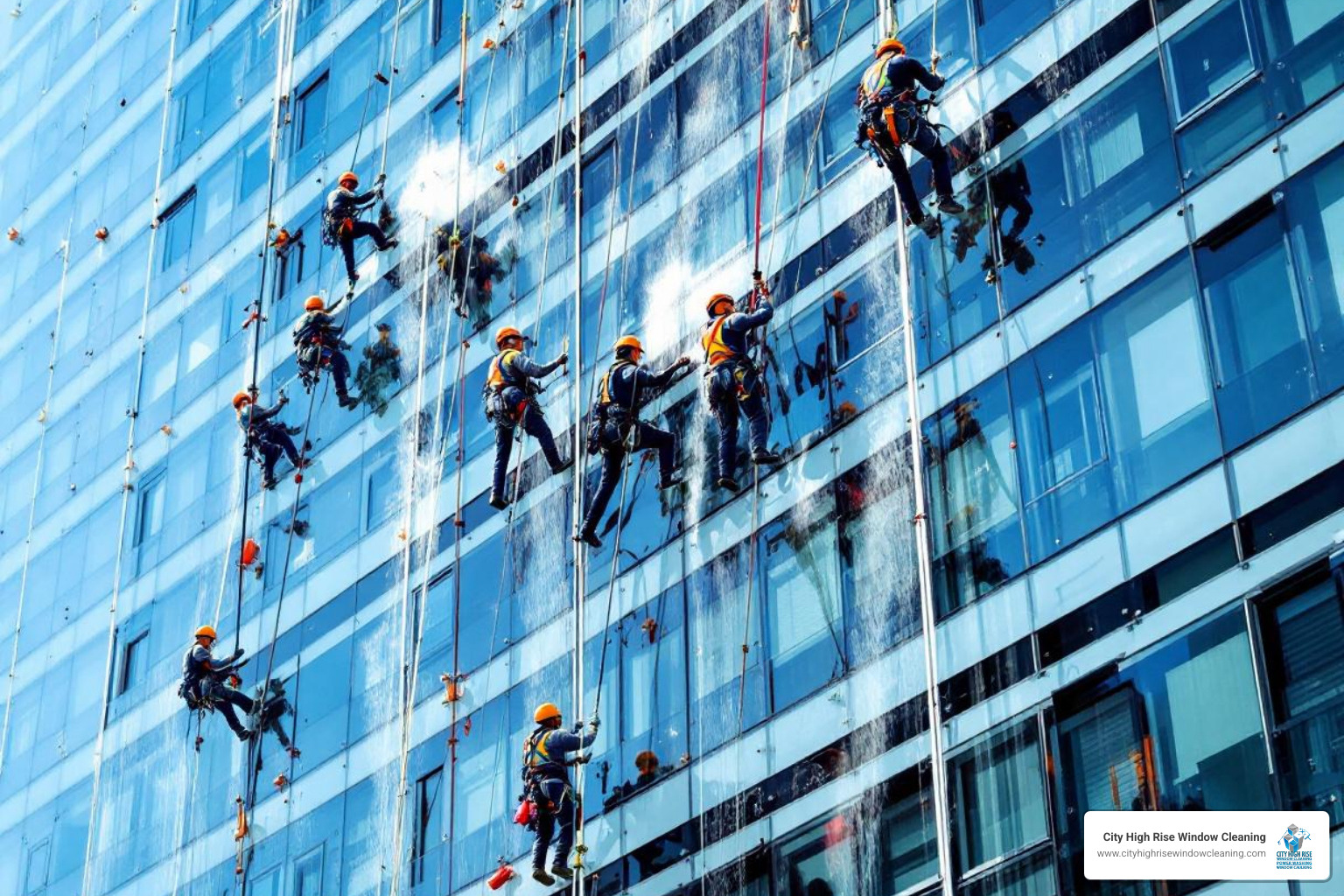 Team using rope access and water-fed poles on a modern glass building - new jersey high rise window cleaning Team using rope access and water-fed poles on a modern glass building - new jersey high rise window cleaning