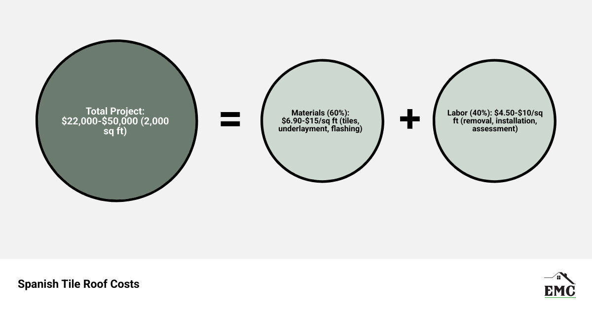 Infographic showing Spanish tile roof replacement cost breakdown: 60% materials ($6.90-$15 per sq ft) including clay/concrete tiles, underlayment, and flashing; 40% labor ($4.50-$10 per sq ft) including removal, structural assessment, installation, and sealing. Additional costs: structural reinforcement $3,000-$10,000, permits $150-$500, old roof removal $1-$3.50 per sq ft. Total average project cost for 2,000 sq ft roof: $22,000-$50,000. Expected lifespan: 50-100+ years. - cost to replace spanish tile roof infographic sum_of_parts
