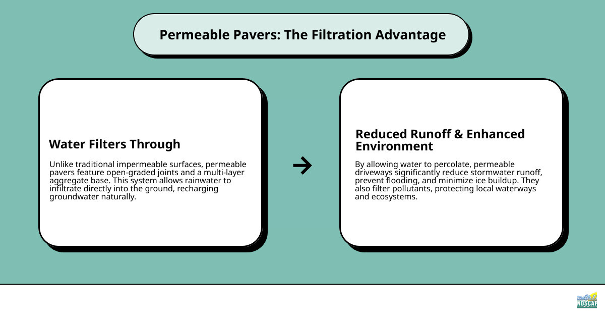 infographic showing cross-section of permeable paver system with labeled layers: permeable pavers on top with wide joints, bedding stone layer, open-graded base reservoir, geotextile fabric, and compacted subgrade, with arrows showing water filtering down through each layer compared to runoff from traditional solid pavement - permeable paver driveway installation infographic cause_effect_text infographic showing cross-section of permeable paver system with labeled layers: permeable pavers on top with wide joints, bedding stone layer, open-graded base reservoir, geotextile fabric, and compacted subgrade, with arrows showing water filtering down through each layer compared to runoff from traditional solid pavement - permeable paver driveway installation infographic cause_effect_text