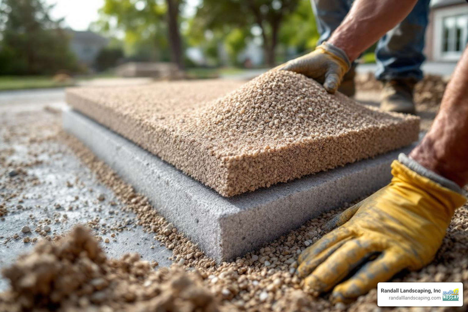 contractor spreading layers of open-graded aggregate for permeable paver base - permeable paver driveway installation contractor spreading layers of open-graded aggregate for permeable paver base - permeable paver driveway installation
