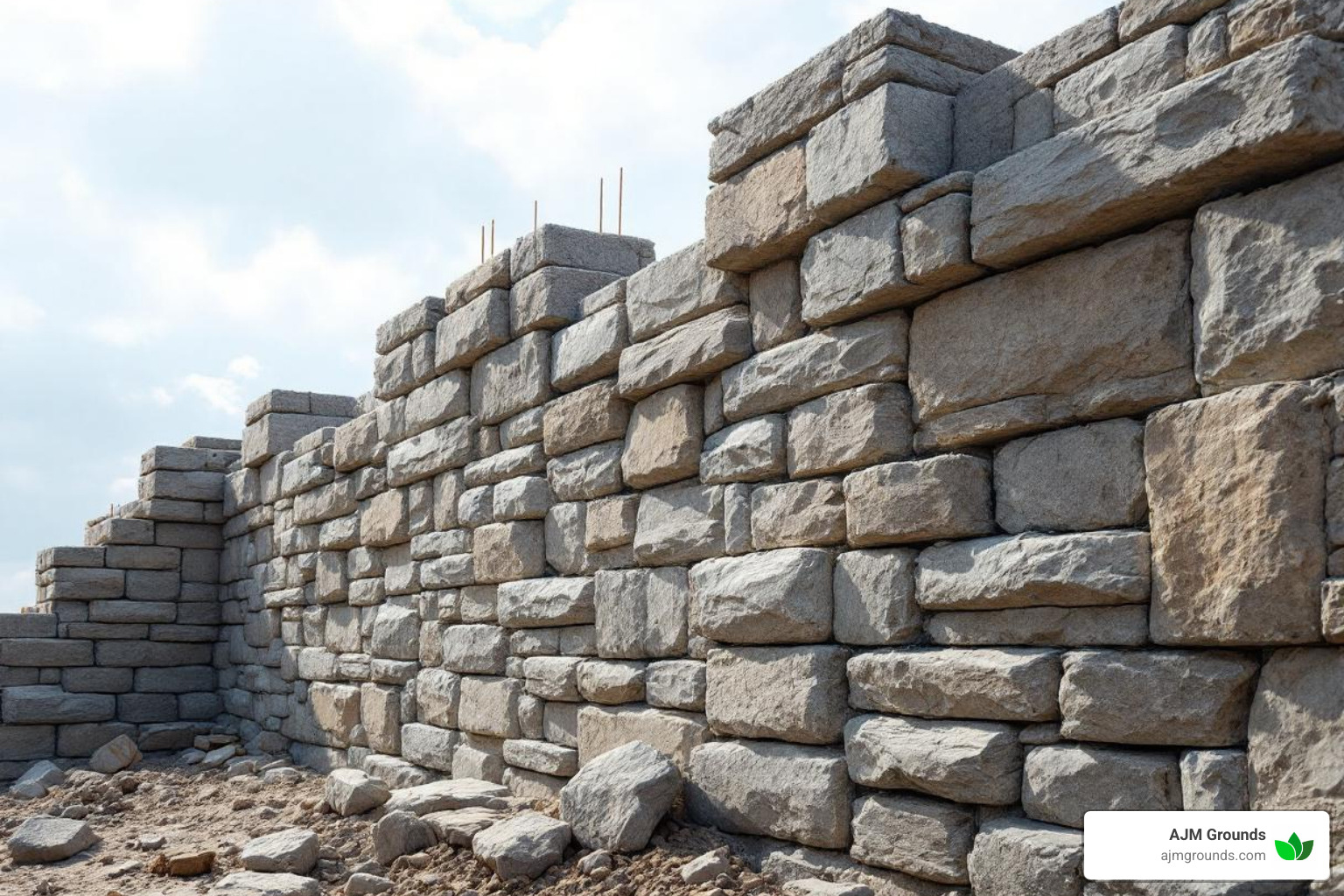 stone wall under construction showing staggered joints and the "1 over 2" rule - building stone wall