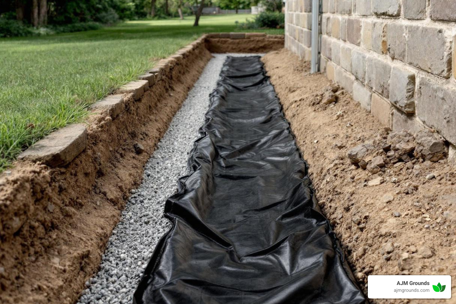 prepared trench with gravel base and landscape fabric - building stone wall