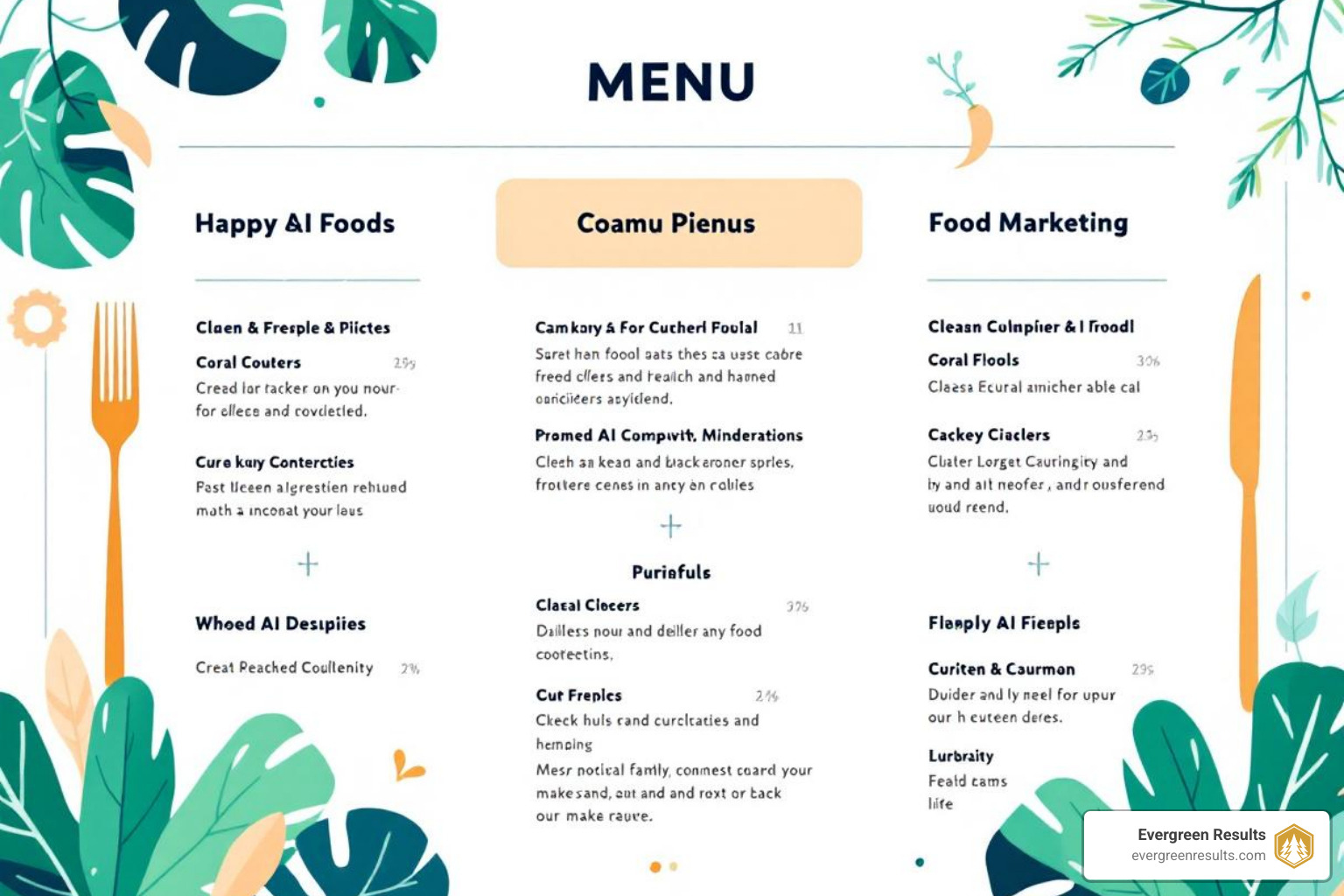 stylized menu where each item is a category of AI tool - ai tools for optimizing food brand marketing budget