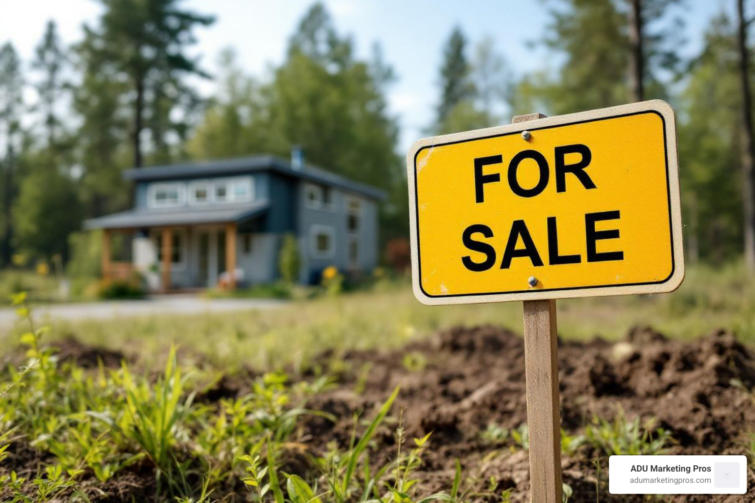 A 'For Sale' sign on a plot of undeveloped land, with a tiny house visible in the background on a community lot - Tiny house land A 'For Sale' sign on a plot of undeveloped land, with a tiny house visible in the background on a community lot - Tiny house land