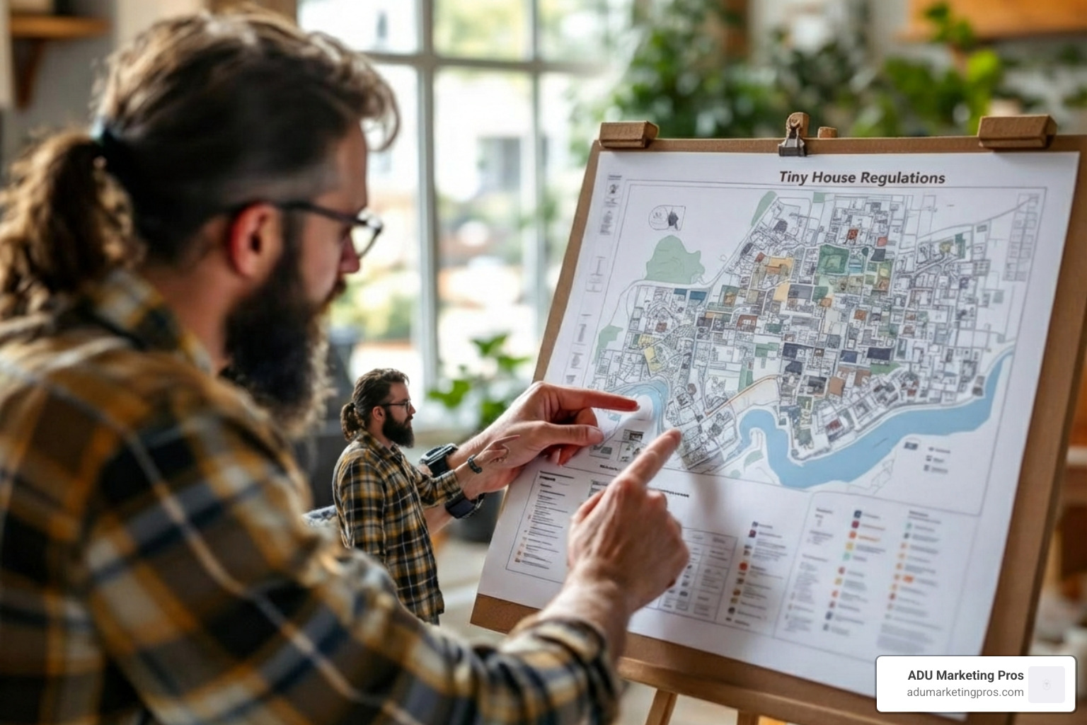 A homeowner discusses tiny house zoning regulations with a city planner, pointing at a complex map - Tiny house land A homeowner discusses tiny house zoning regulations with a city planner, pointing at a complex map - Tiny house land