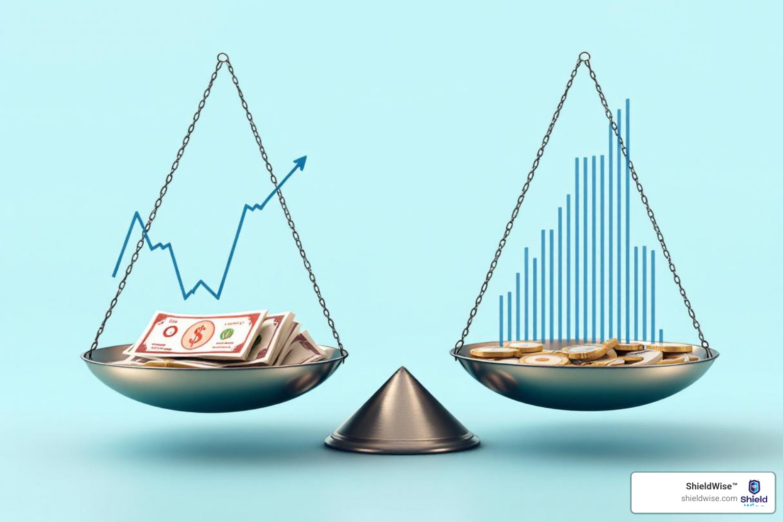 scale balancing volatile growth chart (IUL) against steady line (Whole Life) - iul compared to other life insurance options