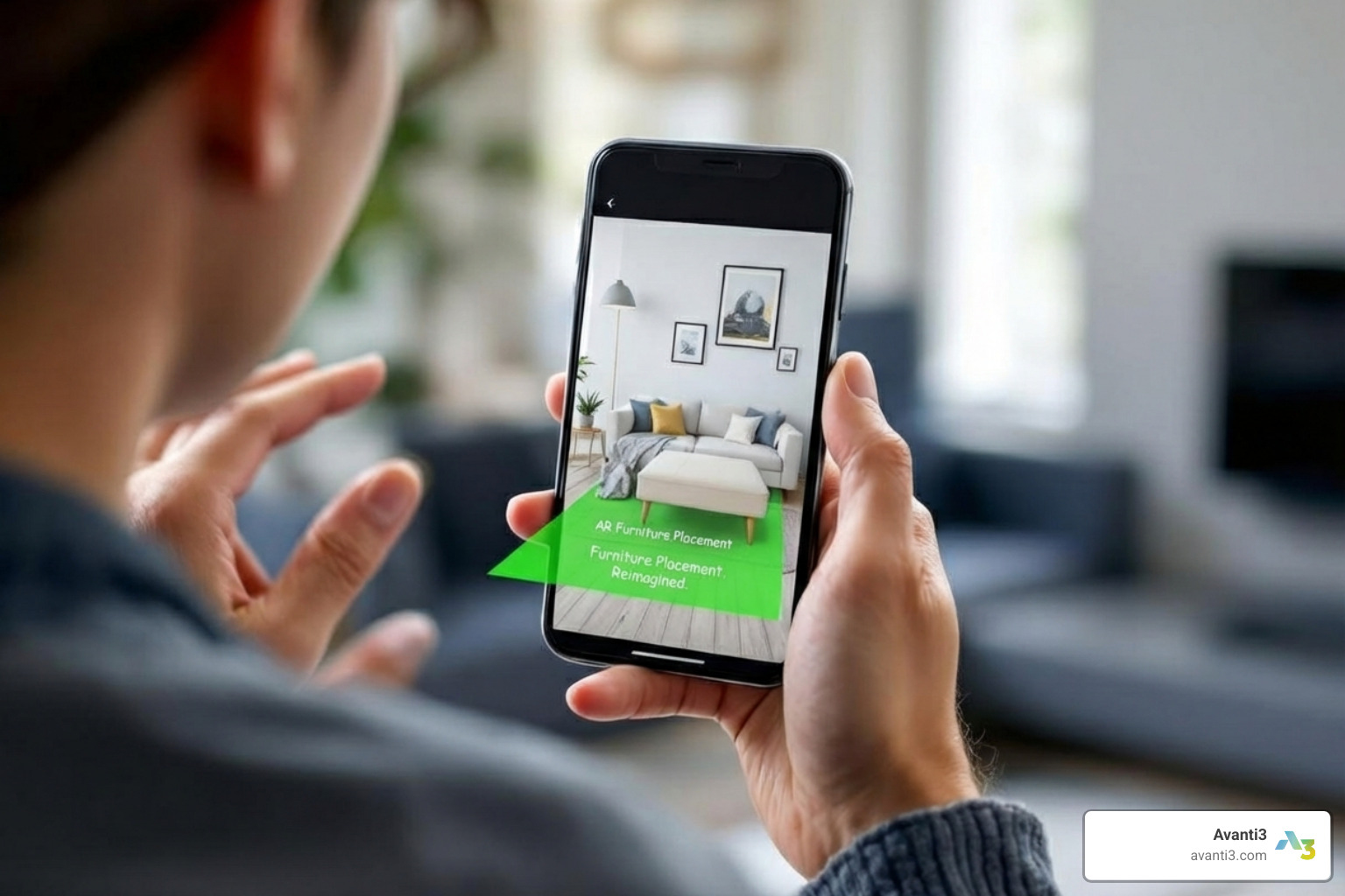 customer using AR app to place furniture in living room - ar and vr experience
