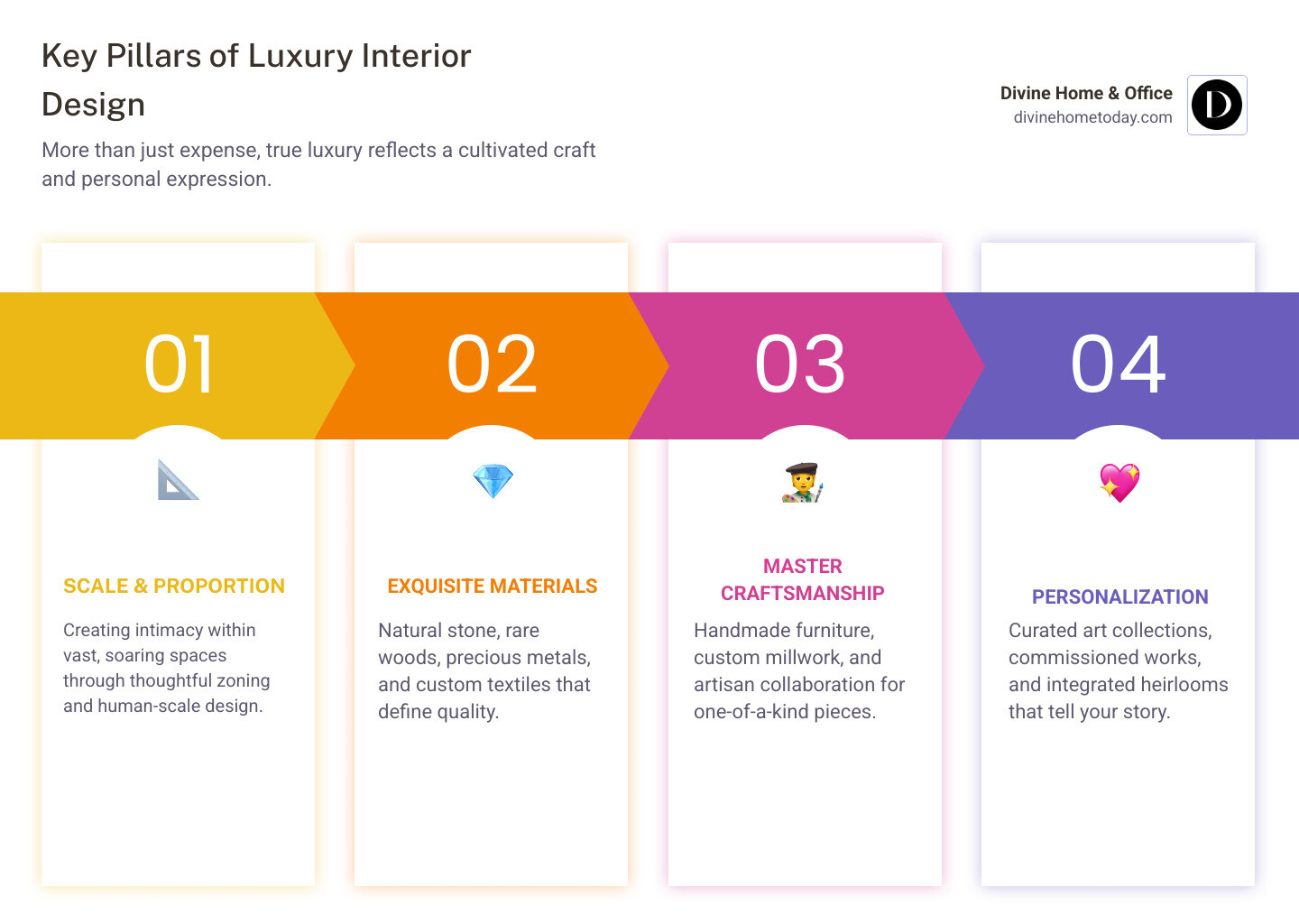Infographic showing the four key pillars of luxury mansion interior design: Scale, Materials, Craftsmanship, and Personalization - luxury mansion interior design infographic pillar-4-steps Infographic showing the four key pillars of luxury mansion interior design: Scale, Materials, Craftsmanship, and Personalization - luxury mansion interior design infographic pillar-4-steps