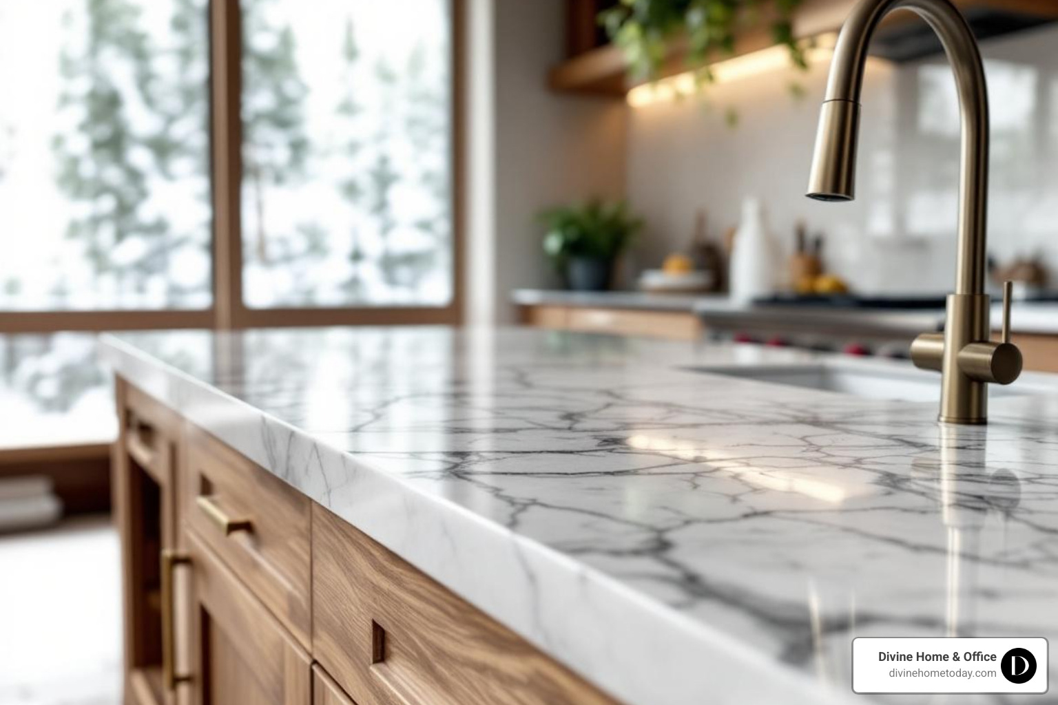 Close-up on a polished quartz countertop with subtle grey veining next to rich warm oak wood cabinetry, brass hardware, bright natural light, luxury modern mountain style, high-end finishes, no ornate patterns. - luxury mansion interior design Close-up on a polished quartz countertop with subtle grey veining next to rich warm oak wood cabinetry, brass hardware, bright natural light, luxury modern mountain style, high-end finishes, no ornate patterns. - luxury mansion interior design