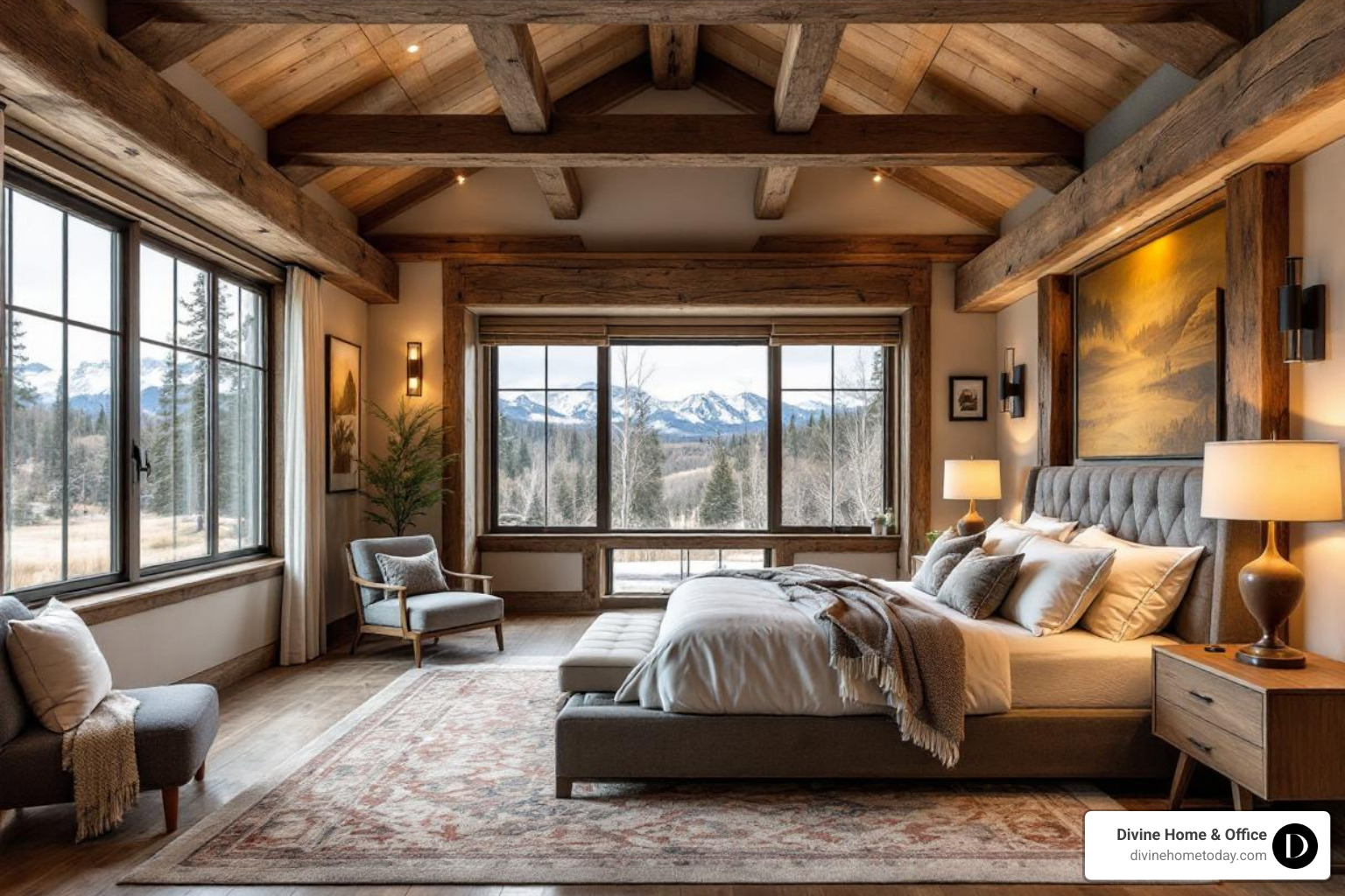 Rustic-modern Colorado luxury bedroom with exposed timber beams, natural fabrics, warm wood tones, large windows with mountain views, soft ambient light, high-end finishes, clean and serene styling, no Victorian or traditional European decor. - luxury mansion interior design Rustic-modern Colorado luxury bedroom with exposed timber beams, natural fabrics, warm wood tones, large windows with mountain views, soft ambient light, high-end finishes, clean and serene styling, no Victorian or traditional European decor. - luxury mansion interior design