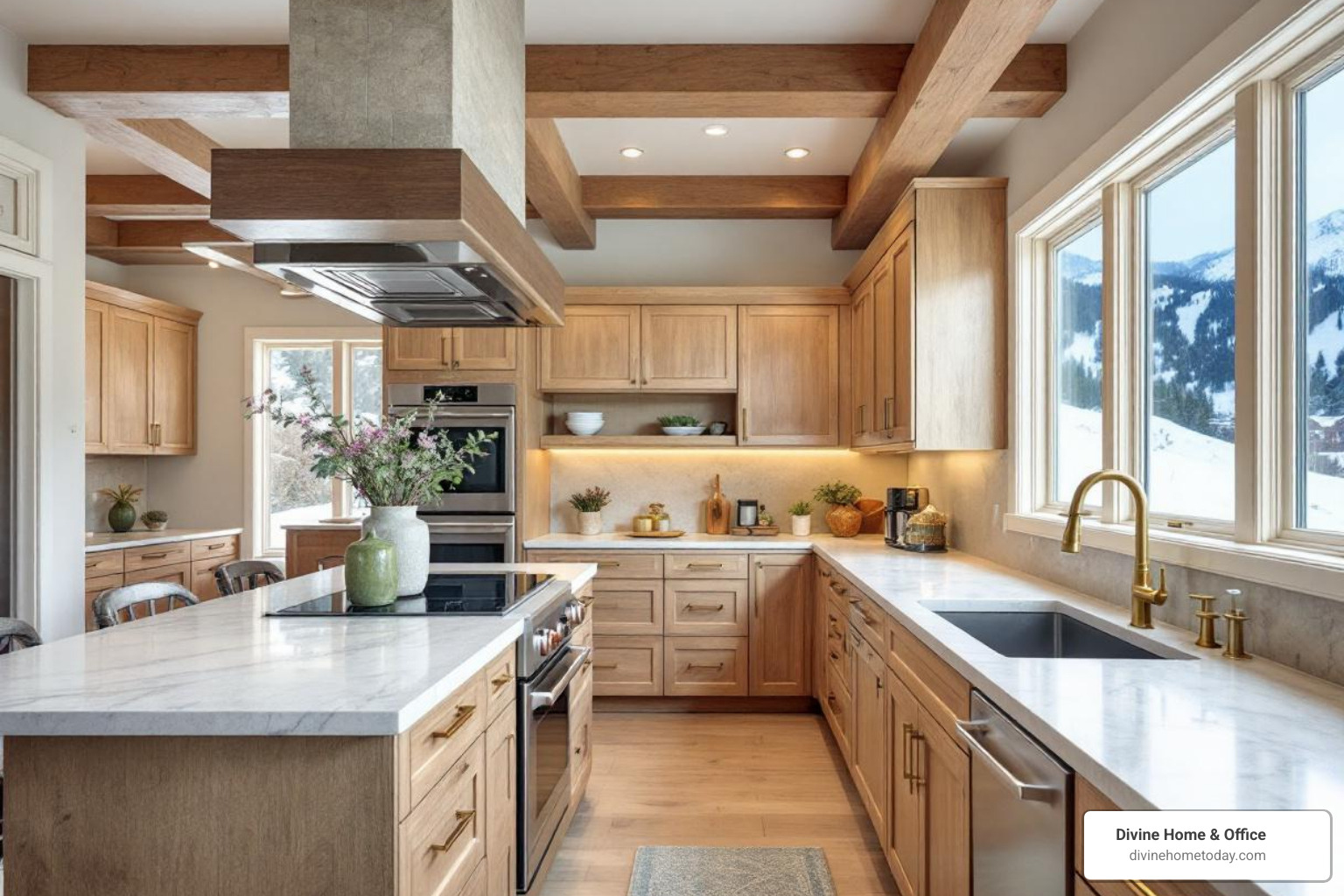 High-end modern mountain kitchen in a million-dollar Denver home, stone countertops, natural wood cabinetry, brass hardware, exposed beams, natural textures, large windows with Colorado mountain views, bright natural lighting, warm neutral palette, no Victorian or traditional elements. - luxury mansion interior design High-end modern mountain kitchen in a million-dollar Denver home, stone countertops, natural wood cabinetry, brass hardware, exposed beams, natural textures, large windows with Colorado mountain views, bright natural lighting, warm neutral palette, no Victorian or traditional elements. - luxury mansion interior design