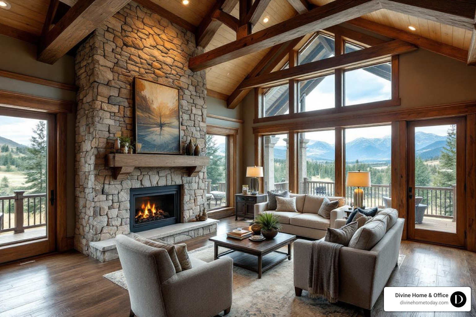 Luxury Colorado mountain living room with stone fireplace, timber beams, warm wood floors, natural textures, floor-to-ceiling windows with mountain views, modern rustic decor, soft bright light, polished and inviting feel, no English or Victorian styles. - luxury mansion interior design Luxury Colorado mountain living room with stone fireplace, timber beams, warm wood floors, natural textures, floor-to-ceiling windows with mountain views, modern rustic decor, soft bright light, polished and inviting feel, no English or Victorian styles. - luxury mansion interior design