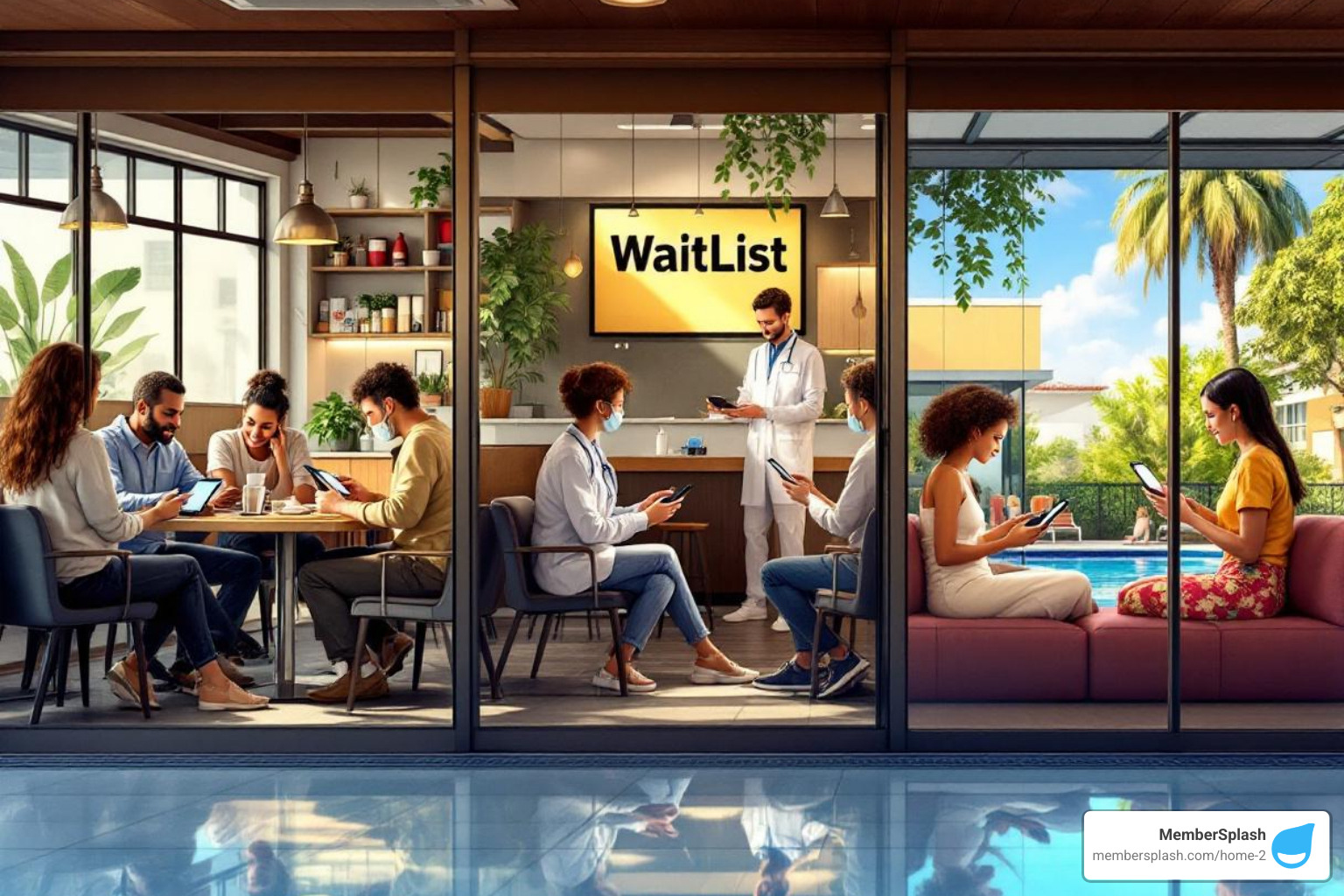 Image of different business types (restaurant, clinic, community pool) using a waitlist app - Waitlist management solution