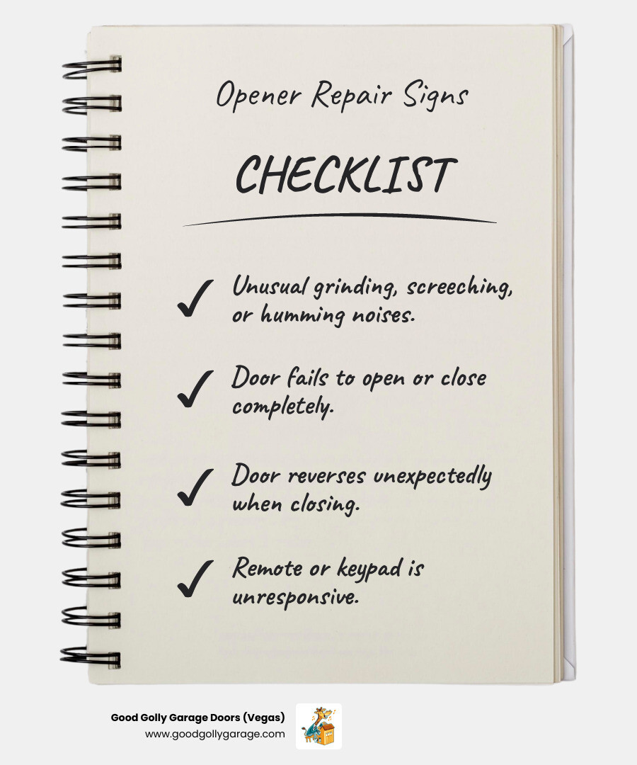 Infographic showing the 7 most common signs of garage door opener failure: unusual grinding or screeching noises from the motor unit, door moving slowly or stopping mid-cycle, unexpected reversing when closing, remote control or keypad not responding, flashing error lights on the opener, door failing to open or close completely, and intermittent operation that works inconsistently - with icons for each symptom and a central image of a garage door opener motor - Garage Door Opener Repair Henderson NV infographic checklist-notebook