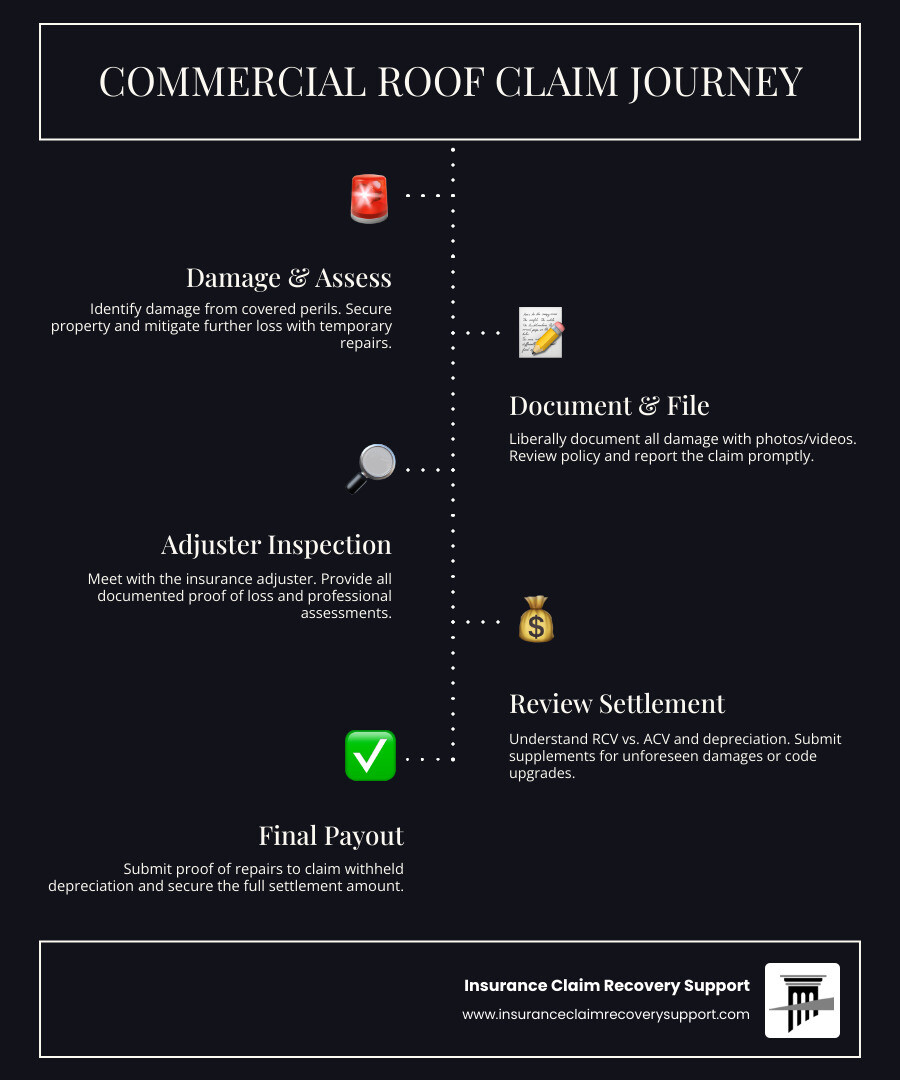 Infographic showing the 5 key stages of a commercial roof insurance claim: 1) Damage occurs and initial assessment, 2) Documentation and filing, 3) Insurance adjuster inspection, 4) Settlement offer (RCV minus ACV/depreciation), 5) Final payout after proof of repairs and recoverable depreciation claim - Commercial Roof Insurance Claim infographic