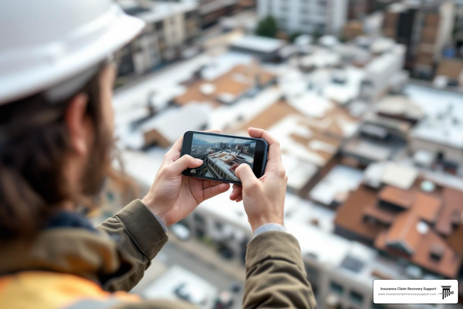 A property manager taking detailed photos of commercial roof damage with a smartphone, capturing multiple angles and close-ups - Commercial Roof Insurance Claim