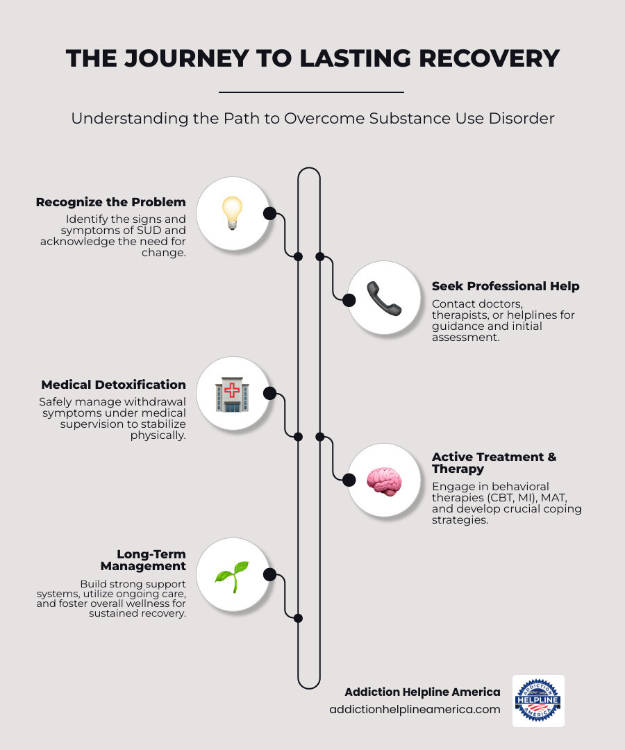 infographic showing the path to recovery: recognition of problem, seeking help, detoxification, active treatment including therapy and medication, building support systems, ongoing recovery management, and long-term wellness - Drug abuse treatment infographic infographic-line-5-steps-elegant_beige infographic showing the path to recovery: recognition of problem, seeking help, detoxification, active treatment including therapy and medication, building support systems, ongoing recovery management, and long-term wellness - Drug abuse treatment infographic infographic-line-5-steps-elegant_beige