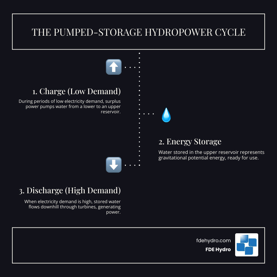 Infographic showing the pumped-storage hydropower cycle: During low electricity demand, water is pumped uphill to an upper reservoir using surplus grid power. During high electricity demand, water flows downhill through turbines to generate electricity and returns to the lower reservoir. The cycle repeats continuously, with arrows showing water movement up during charging and down during generation, including labels for upper reservoir, lower reservoir, pump-turbines, and power lines connecting to the electrical grid. - hydropower energy storage infographic infographic-line-3-steps-dark