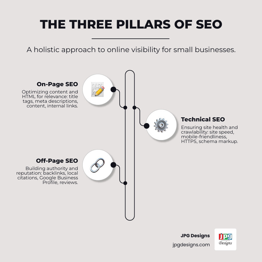 infographic showing the three pillars of SEO: On-Page SEO (title tags, meta descriptions, content optimization, internal links), Technical SEO (site speed, mobile-friendliness, HTTPS security, schema markup), and Off-Page SEO (backlinks, local citations, Google Business Profile, customer reviews) - how to do seo for small business infographic infographic-line-3-steps-elegant_beige