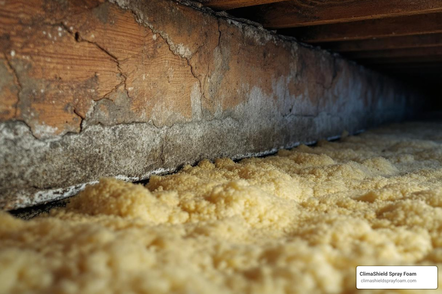 Damp, moldy rim joist with old, sagging fiberglass insulation - rim joist spray foam