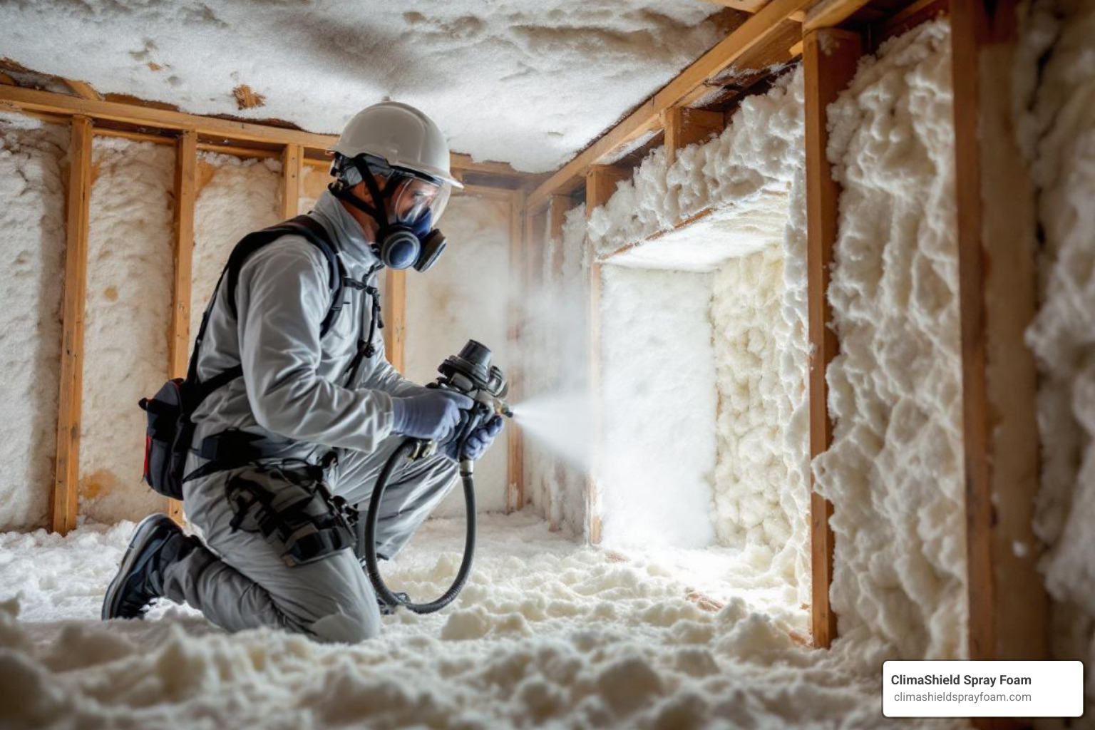 Professional installer in full Personal Protective Equipment (PPE) preparing to spray a rim joist - rim joist spray foam