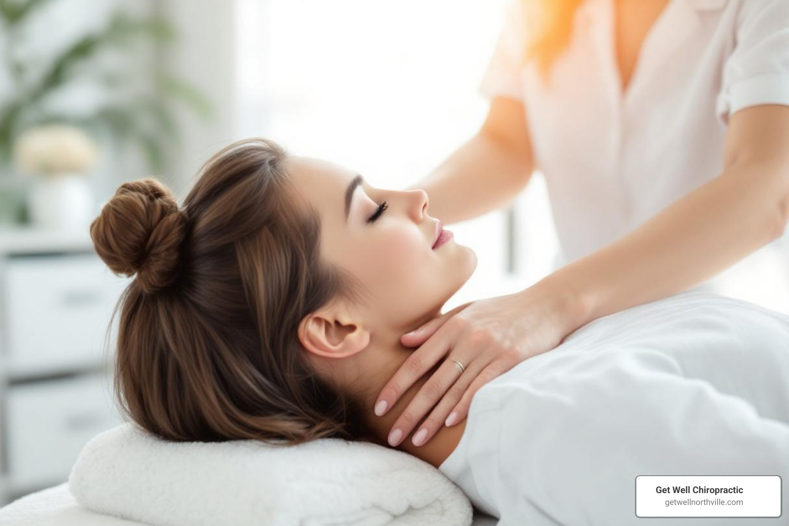 A massage therapist gently applying light, rhythmic strokes to a client's neck and shoulders, illustrating the sensitive approach used for chronic fatigue massage. - chronic fatigue massage