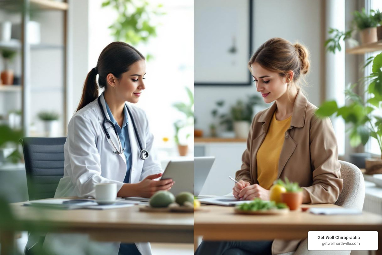 Image of a split screen showing a clinical setting (dietitian) and a wellness coaching session (nutritionist) - certified nutritionist consultant