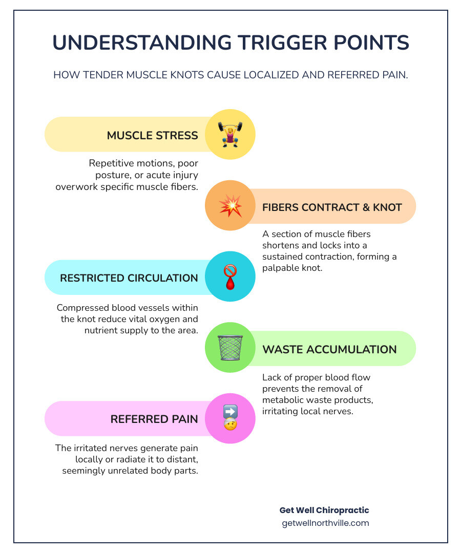 infographic showing a shoulder with labeled trigger point locations, arrows indicating where pain refers to (neck, arm, head), and a cross-section view of a trigger point showing tight muscle fibers with restricted blood flow - trigger point pressure release shoulder infographic infographic-line-5-steps-colors