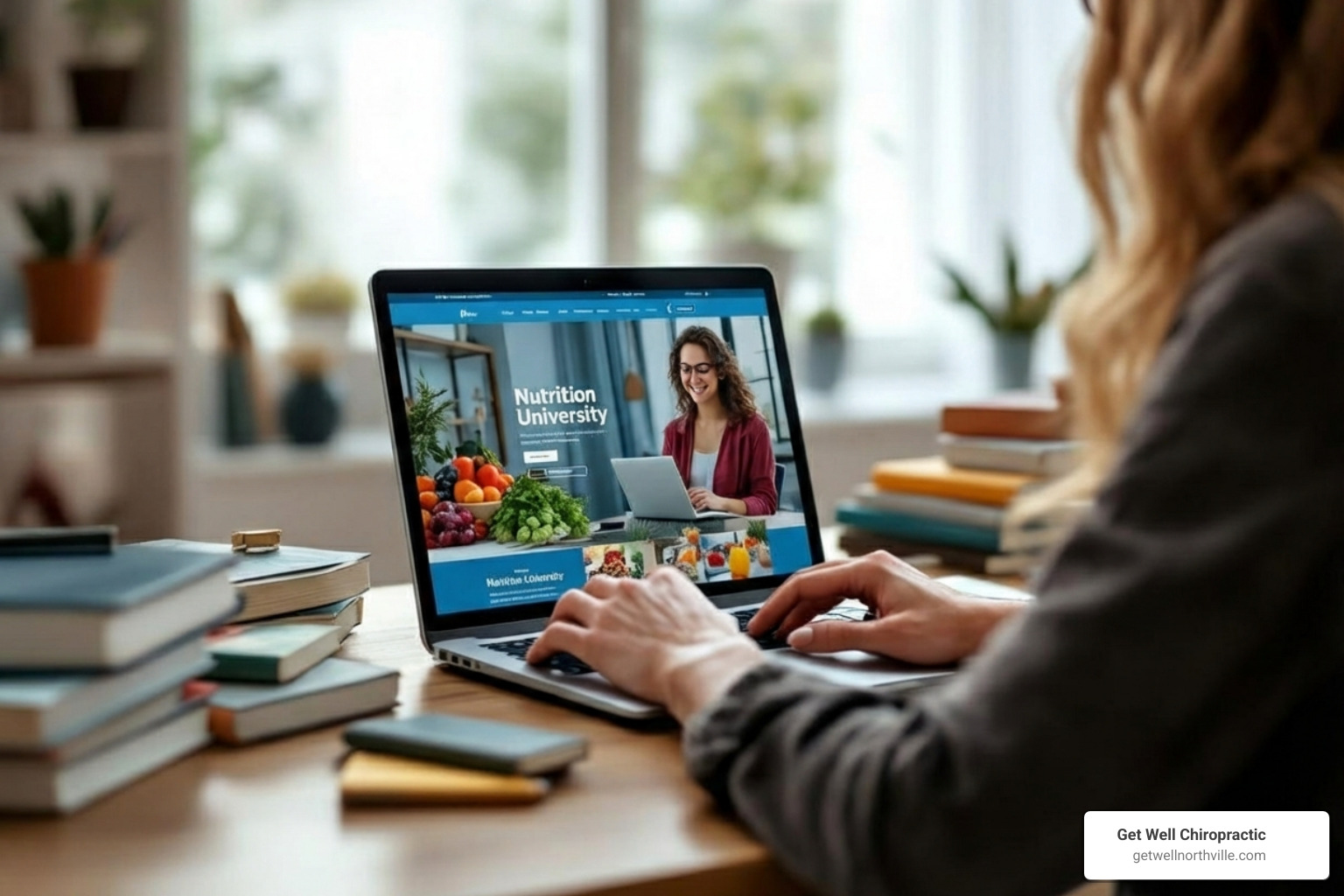 Image of a person studying with nutrition textbooks on a desk, with a laptop open to a university website - certified nutritionist consultant
