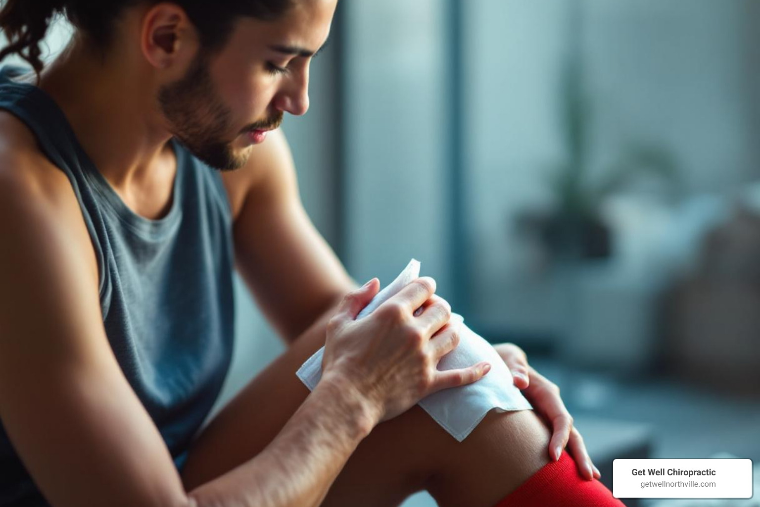 athlete applying an ice pack to their knee using the R.I.C.E. method - athlete injury prevention athlete applying an ice pack to their knee using the R.I.C.E. method - athlete injury prevention
