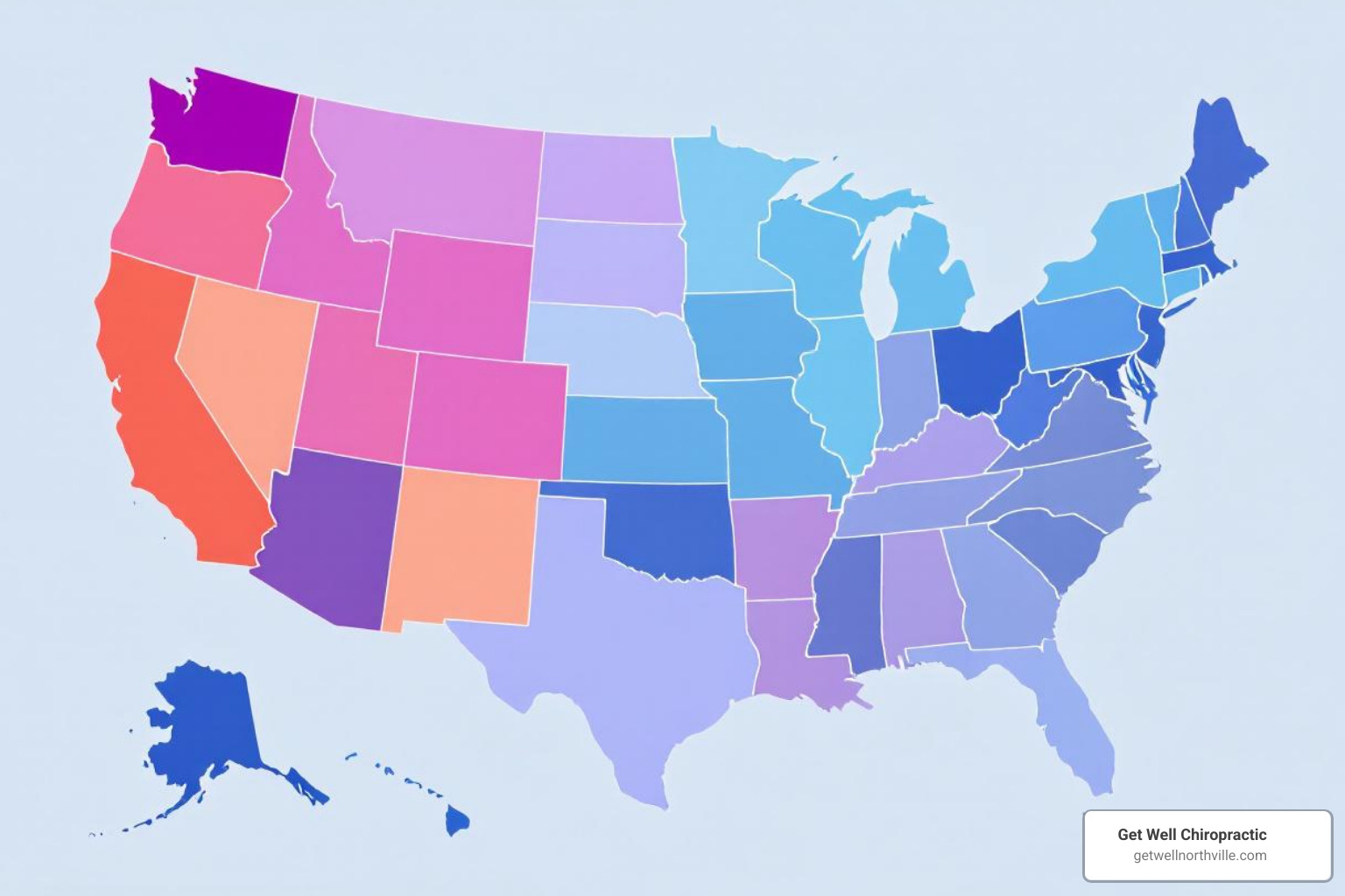 A map of the United States with different regions shaded to represent varying chiropractic care costs - costs of chiropractic care