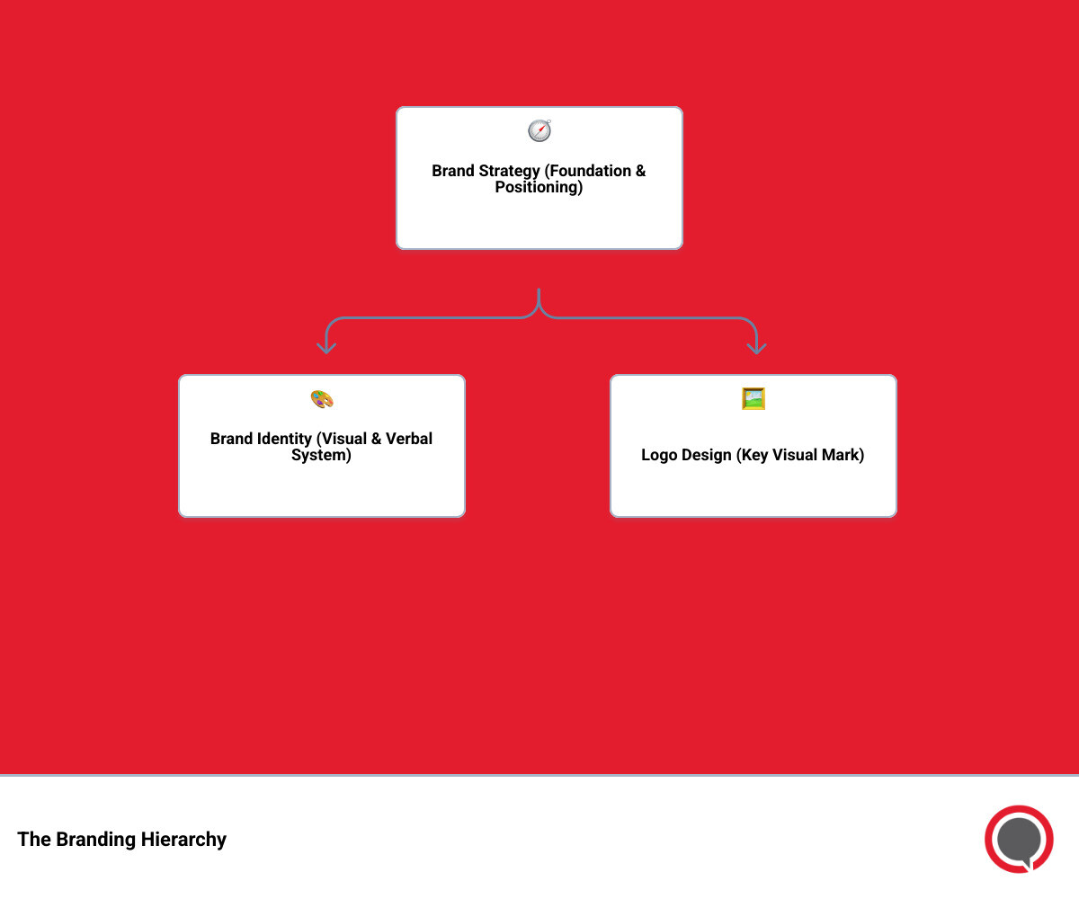 Infographic showing the hierarchy and relationship between brand strategy, brand identity, and logo design, with brand strategy as the foundation, brand identity as the comprehensive visual and verbal system, and the logo as one component of the brand identity - branding services agency infographic hierarchy