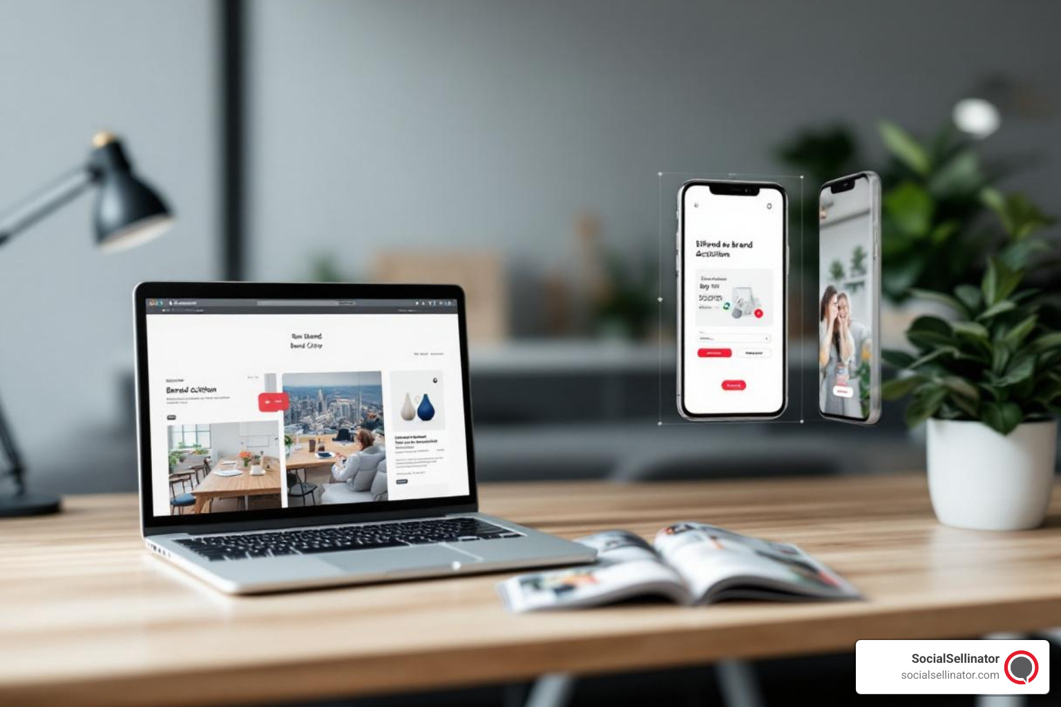 A montage displaying a unified brand identity across a laptop screen, a smartphone, and a print ad, demonstrating effective brand activation. - branding services agency