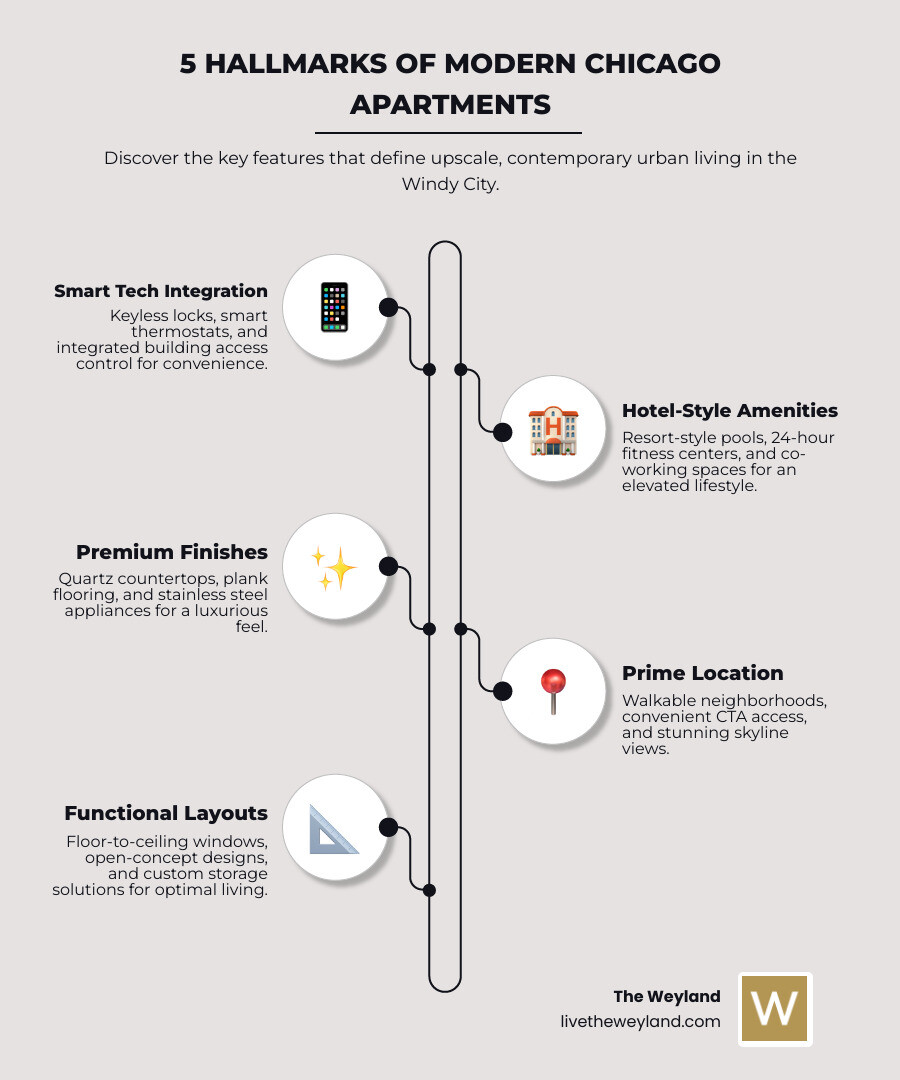 Infographic showing 5 hallmarks of modern Chicago apartments: 1. Smart Tech Integration (keyless locks, smart thermostats, building access control), 2. Hotel-Style Amenities (resort pools, fitness centers, co-working spaces), 3. Premium Finishes (quartz countertops, plank flooring, stainless appliances), 4. Prime Location (walkable neighborhoods, CTA access, skyline views), 5. Functional Layouts (floor-to-ceiling windows, open concept, custom storage) - modern apartments chicago infographic infographic-line-5-steps-elegant_beige Infographic showing 5 hallmarks of modern Chicago apartments: 1. Smart Tech Integration (keyless locks, smart thermostats, building access control), 2. Hotel-Style Amenities (resort pools, fitness centers, co-working spaces), 3. Premium Finishes (quartz countertops, plank flooring, stainless appliances), 4. Prime Location (walkable neighborhoods, CTA access, skyline views), 5. Functional Layouts (floor-to-ceiling windows, open concept, custom storage) - modern apartments chicago infographic infographic-line-5-steps-elegant_beige