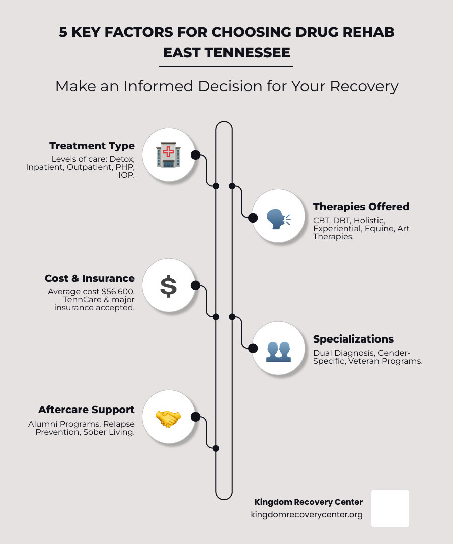 Infographic showing 5 key factors for choosing drug rehab East Tennessee: Treatment Type (detox, inpatient, outpatient), Therapies Offered (CBT, DBT, holistic), Cost and Insurance (average $56,600, TennCare accepted), Specializations (dual diagnosis, gender-specific, veterans), and Aftercare Support (alumni programs, relapse prevention) - drug rehab East Tennessee infographic infographic-line-5-steps-elegant_beige