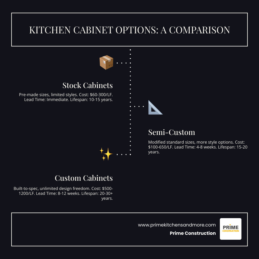 Infographic showing three columns comparing Stock Cabinets (pre-made sizes, limited styles, $60-$300 per linear foot, ships immediately, 10-15 year lifespan), Semi-Custom Cabinets (modified standard sizes, more style options, $100-$650 per linear foot, 4-8 weeks lead time, 15-20 year lifespan), and Custom Cabinets (any size or specification, unlimited design freedom, $500-$1,200 per linear foot, 8-12 weeks lead time, 20-30+ year lifespan) - custom kitchen cabinets infographic infographic-line-3-steps-dark