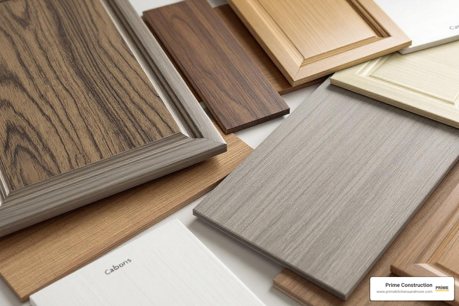 Various cabinet material samples like wood grains and paint colors - custom kitchen cabinets