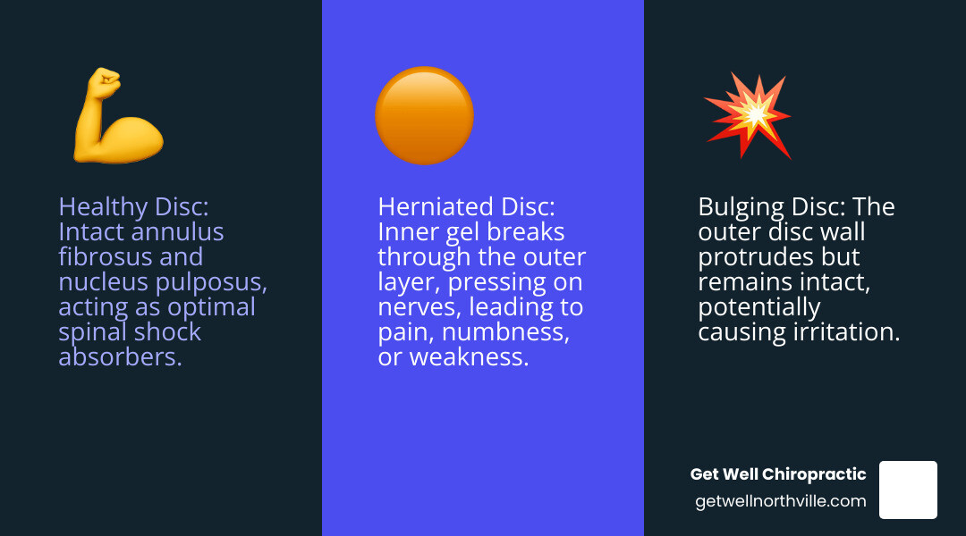 Infographic showing the anatomy of the spine with three side-by-side cross-sectional views: a healthy spinal disc with intact annulus fibrosus and nucleus pulposus, a bulging disc where the outer layer protrudes but remains intact, and a herniated disc where the inner gel has broken through the outer layer and is pressing on a nearby nerve root - spinal disc pain relief infographic 3_facts_emoji_blue