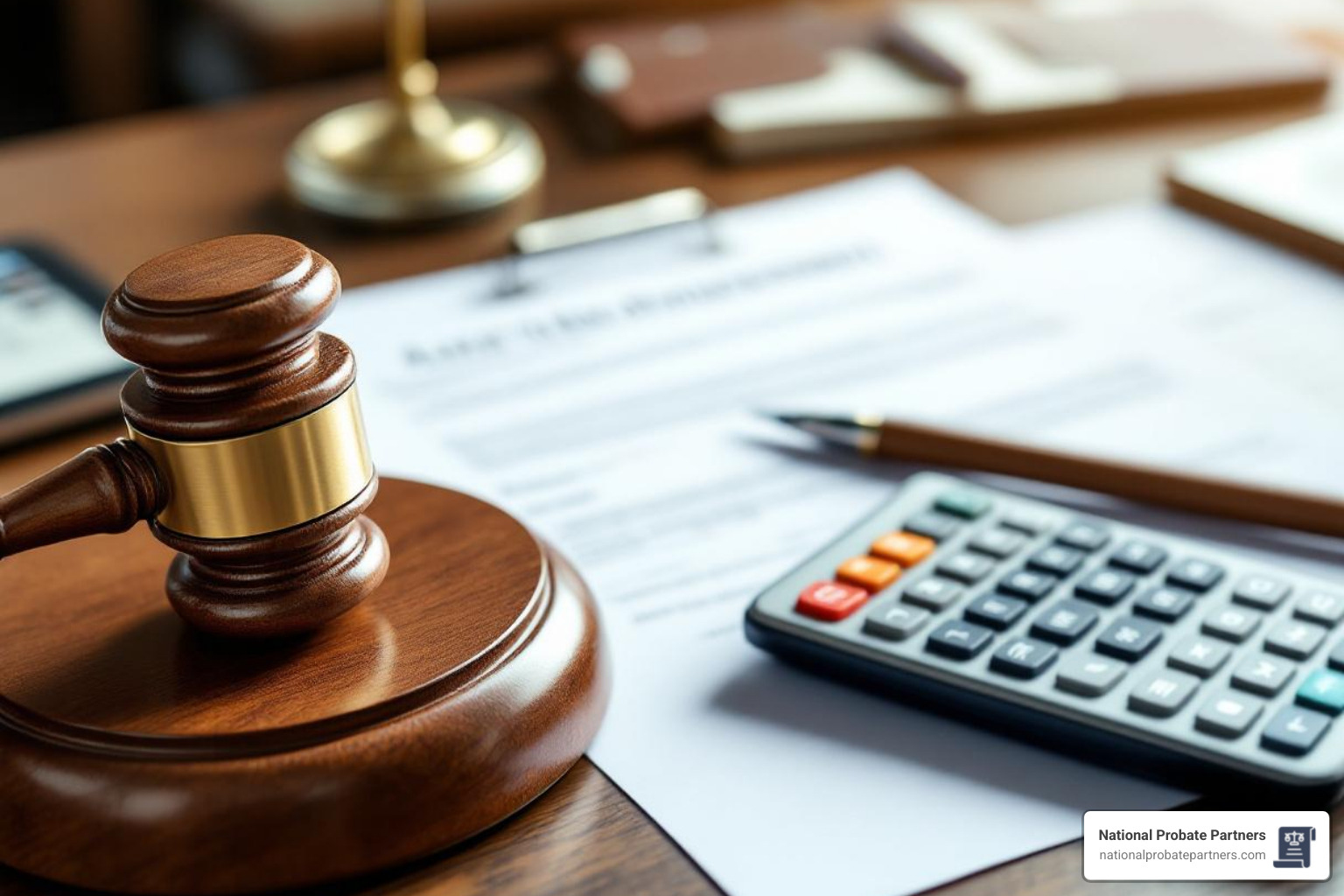 legal documents, a gavel, and a calculator, symbolizing asset management and legal process - probate administration attorney legal documents, a gavel, and a calculator, symbolizing asset management and legal process - probate administration attorney
