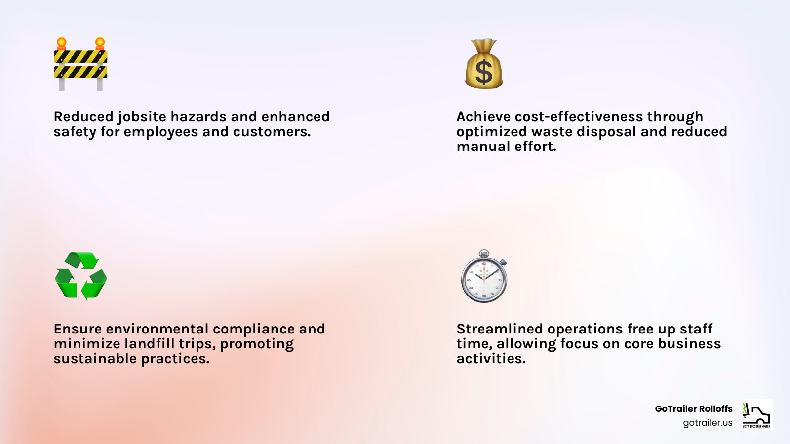 Infographic explaining the key benefits of a dedicated commercial dumpster service for businesses, including improved safety, cost-effectiveness, and environmental compliance. - commercial dumpster rental infographic 4_facts_emoji_light-gradient Infographic explaining the key benefits of a dedicated commercial dumpster service for businesses, including improved safety, cost-effectiveness, and environmental compliance. - commercial dumpster rental infographic 4_facts_emoji_light-gradient