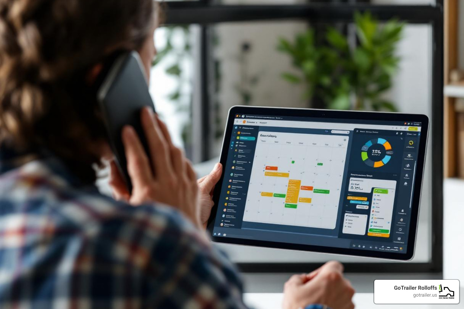 person on the phone scheduling a dumpster delivery - commercial dumpster rental person on the phone scheduling a dumpster delivery - commercial dumpster rental