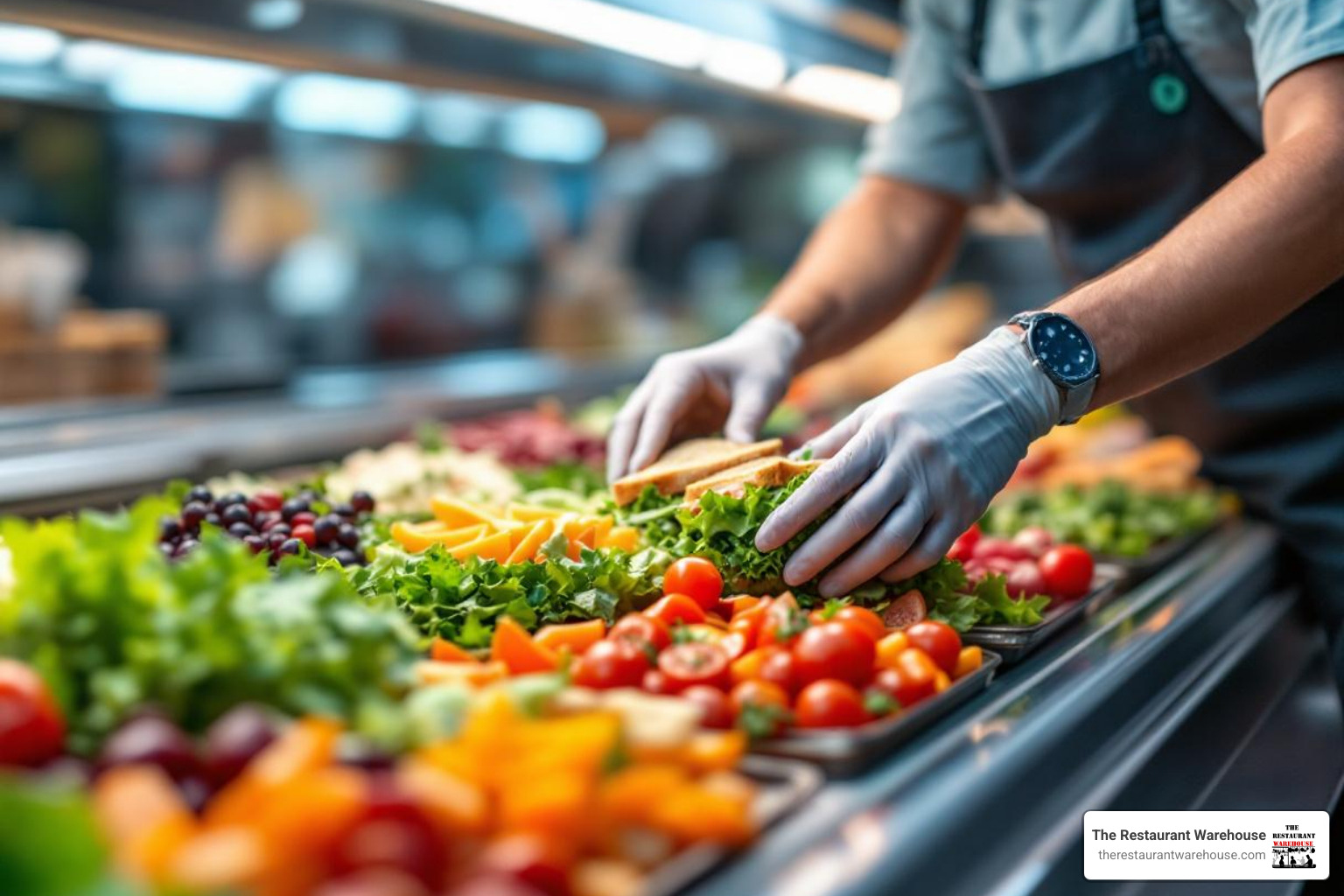 A staff member meticulously arranges a vibrant selection of fresh salads and sandwiches in a sparkling clean, brightly lit refrigerated grab-and-go display case, highlighting the crisp presentation and easy accessibility. - Restaurant display cases
